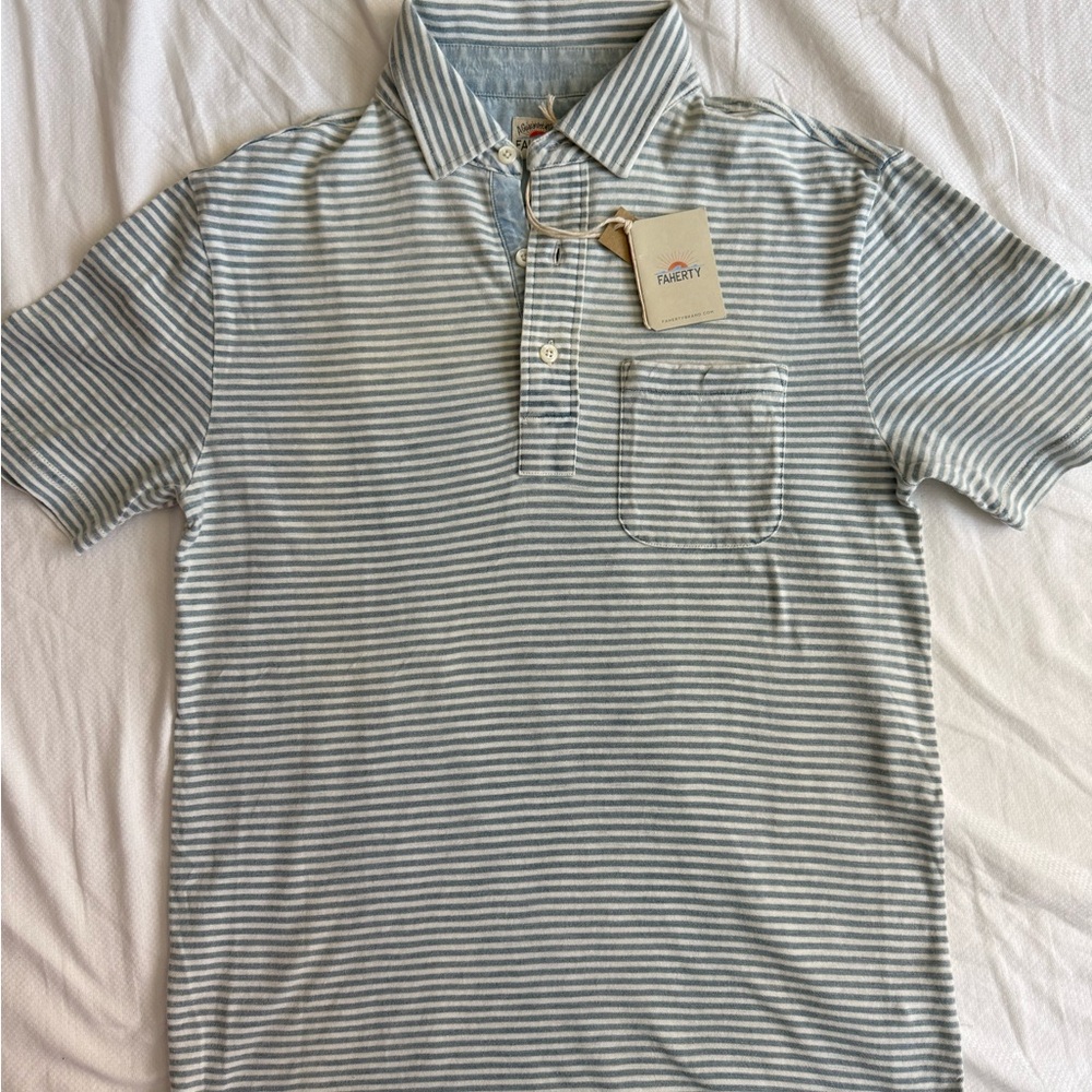 NWT Faherty Men's Blue and White Striped Polo Shirt